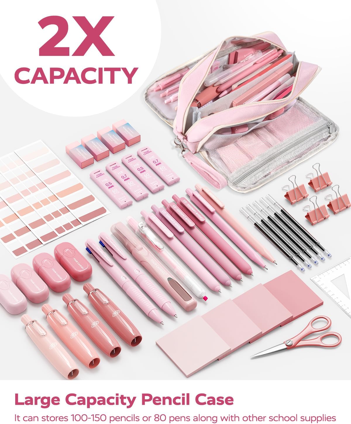 Thumbnail 6 de Four Candies Ästhetisches Schulmaterial – All-in-One Set mit Gelstiften, Korrekturbändern, Textmarkern, Druckbleistiften & Haftnotizen (inkl. Etui) in Rosa