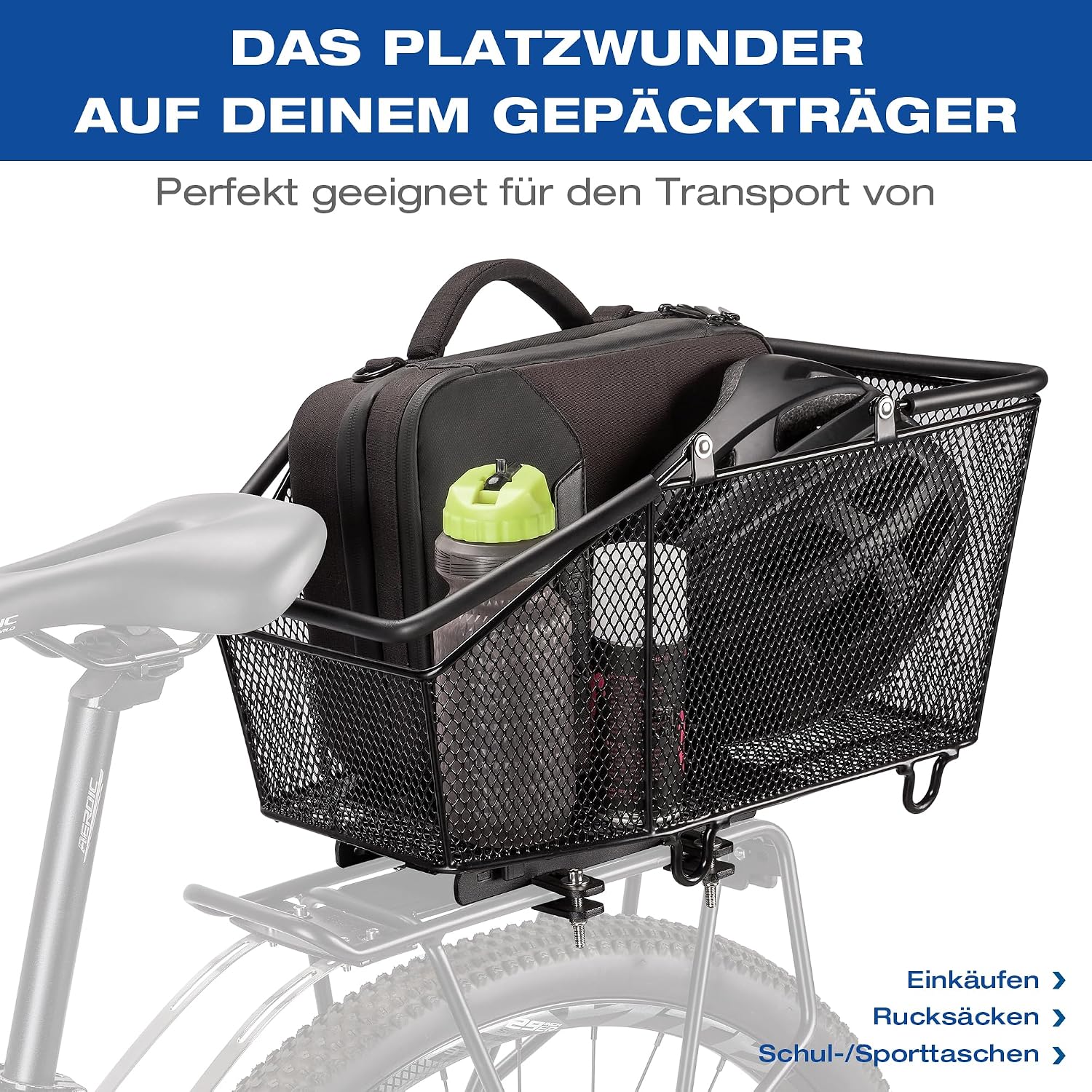 Detalle de GEWAGE Fahrradkorb hinten – Großer Gepäckträgerkorb mit Schnellverschluss, belastbar bis 20 kg