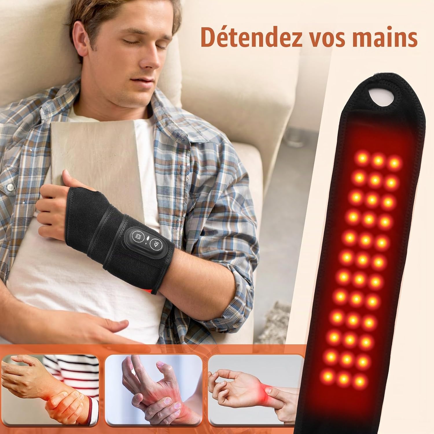 Detalle de AFDEAL pols- en handmassageapparaat met rood licht, warmte en trillingen