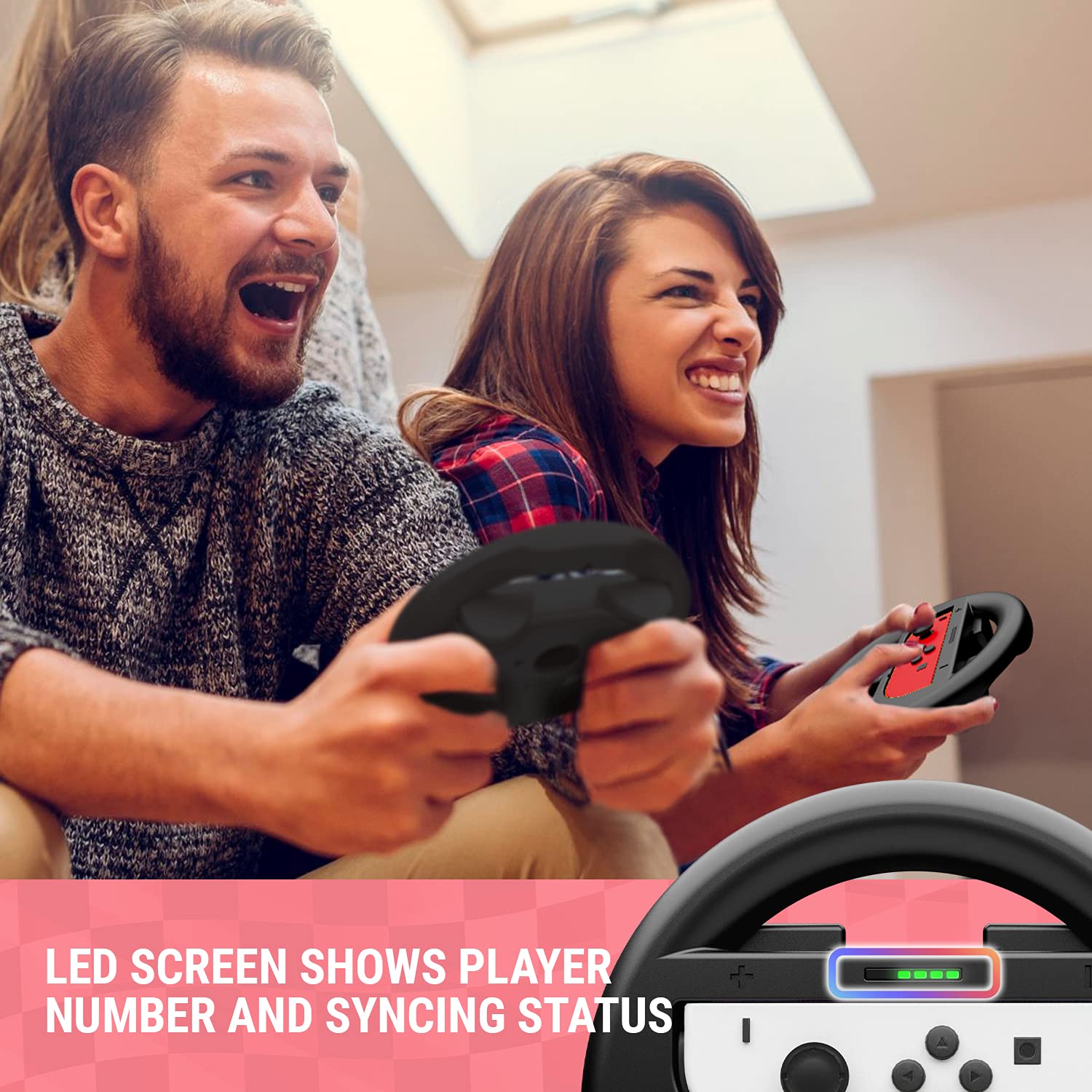 Detalle 2 de Orzly Twin Pack Steering Wheels for Nintendo Switch & OLED Joy-Cons (Black) for Mario Kart 8 Deluxe
