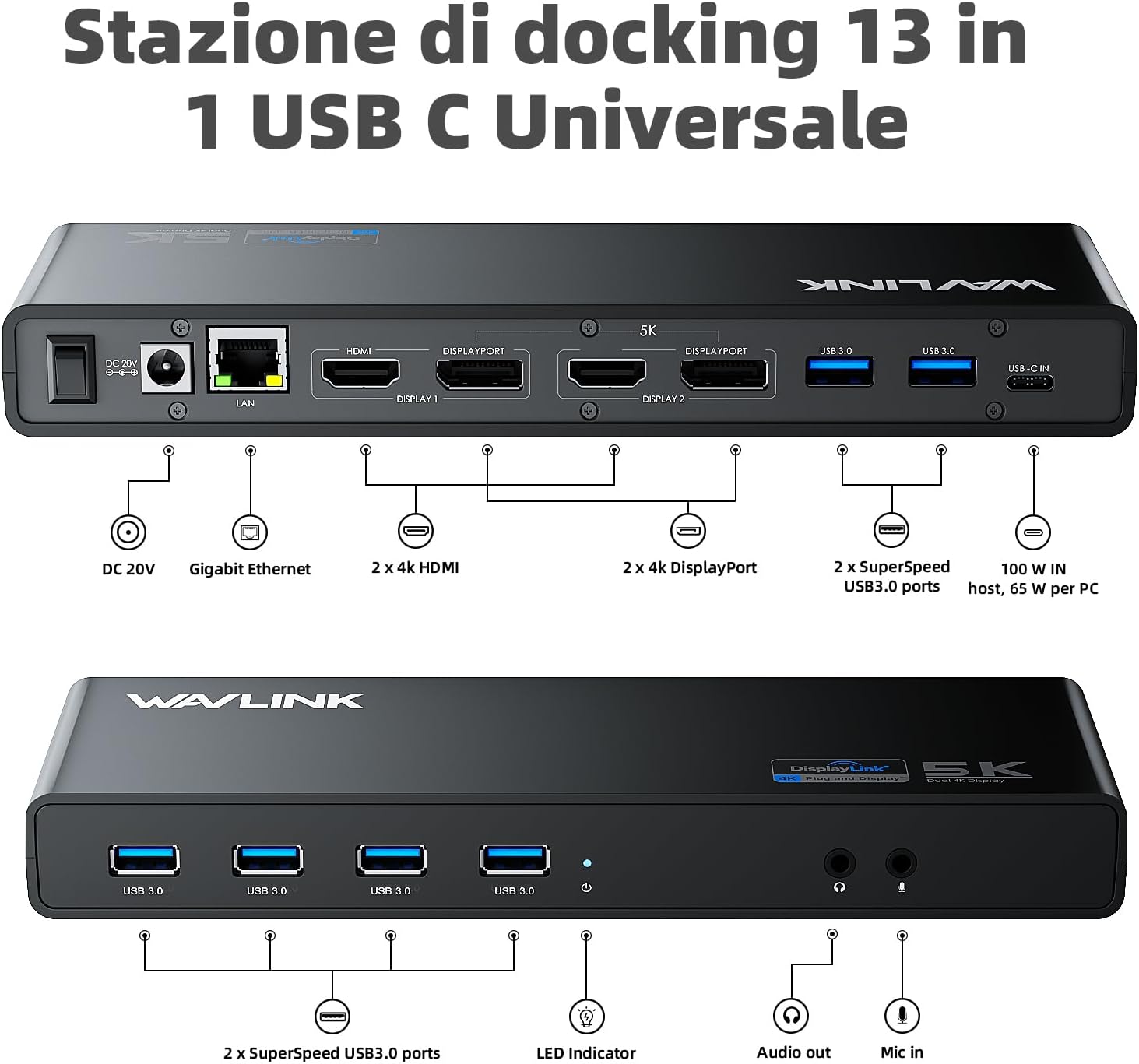 Detalle 2 de WAVLINK DisplayLink docking station USB-C universale con 2 HDMI, 1 DP e USB 3.0 (fino a 4K/60 Hz) + Gigabit Ethernet