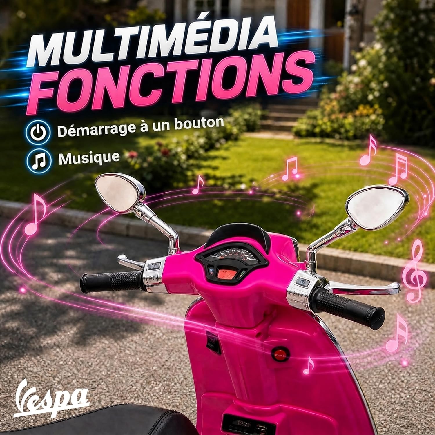 Detalle 2 de AIYAPLAY 370-320V90DG Vespa-kinderstep, 6 V, roze, met FM-radio en USB