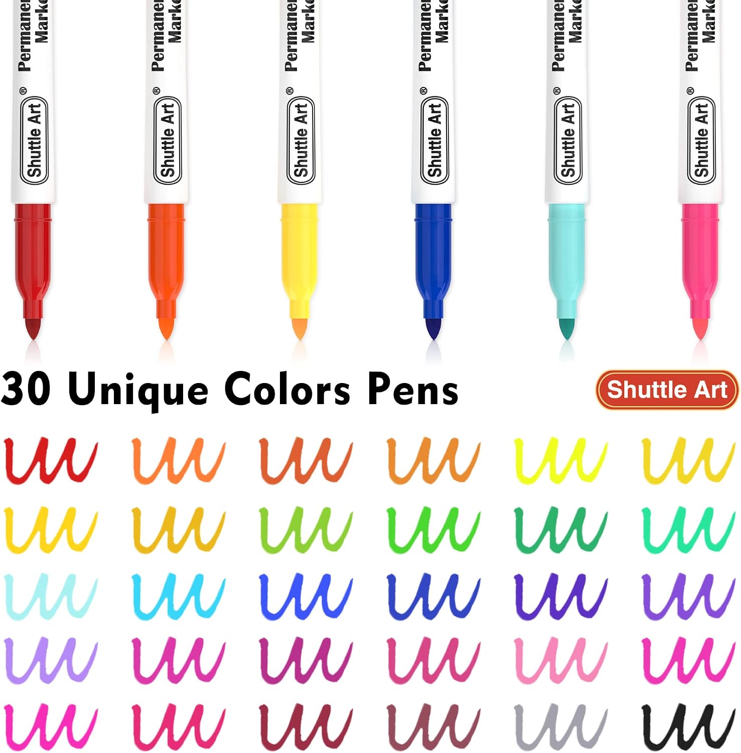 Detalle de Shuttle Art 30 Colour Permanent Markers (Fine Tip) – Waterproof, Smear-Proof Ink for Plastic, Wood, Metal & Glass