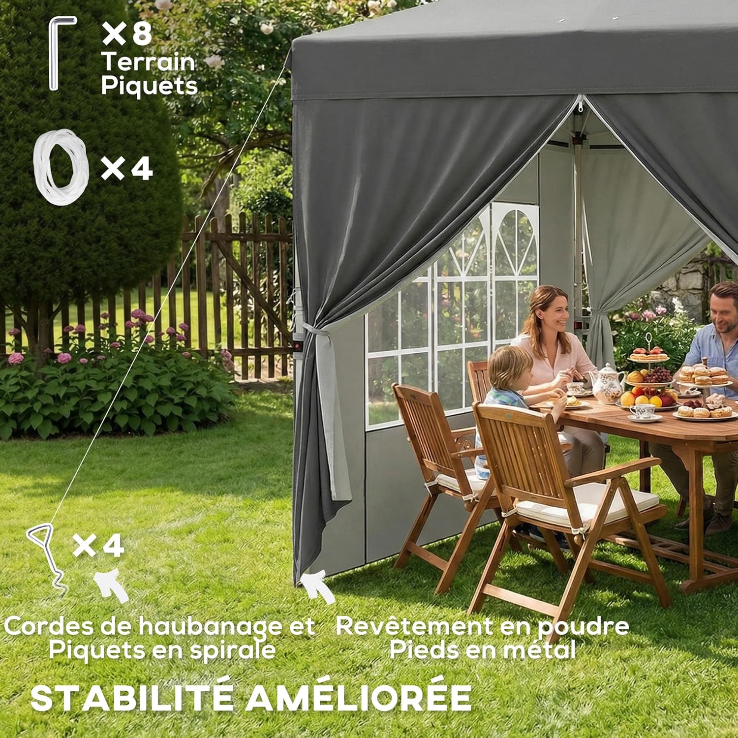 Thumbnail 4 de Outsunny tonnelle de jardin pop-up 2,5 x 2,5 m réglable en hauteur avec 4 parois latérales et protection UV50+