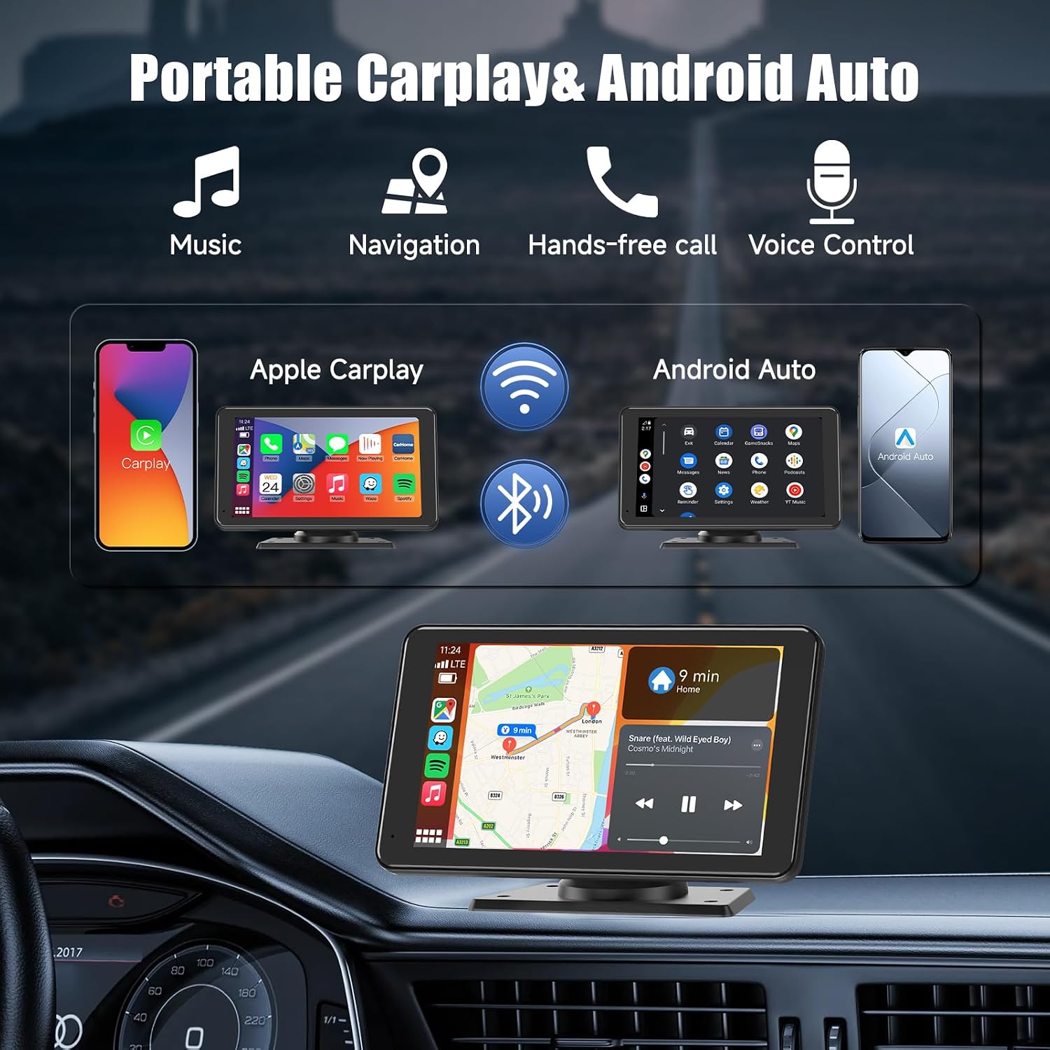 Detalle de KAXRUO 7-inch Portable Wireless CarPlay & Android Auto Screen with Bluetooth, FM, AUX and Voice Control