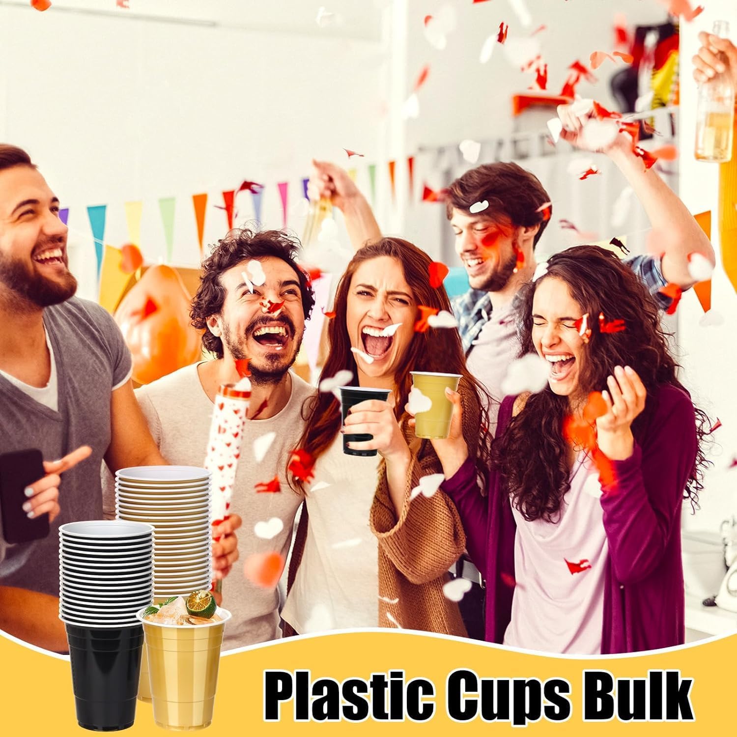 Detalle 2 de KesaPlan 16 oz Disposable Plastic Party Cups, Black and Gold, 100-Pack