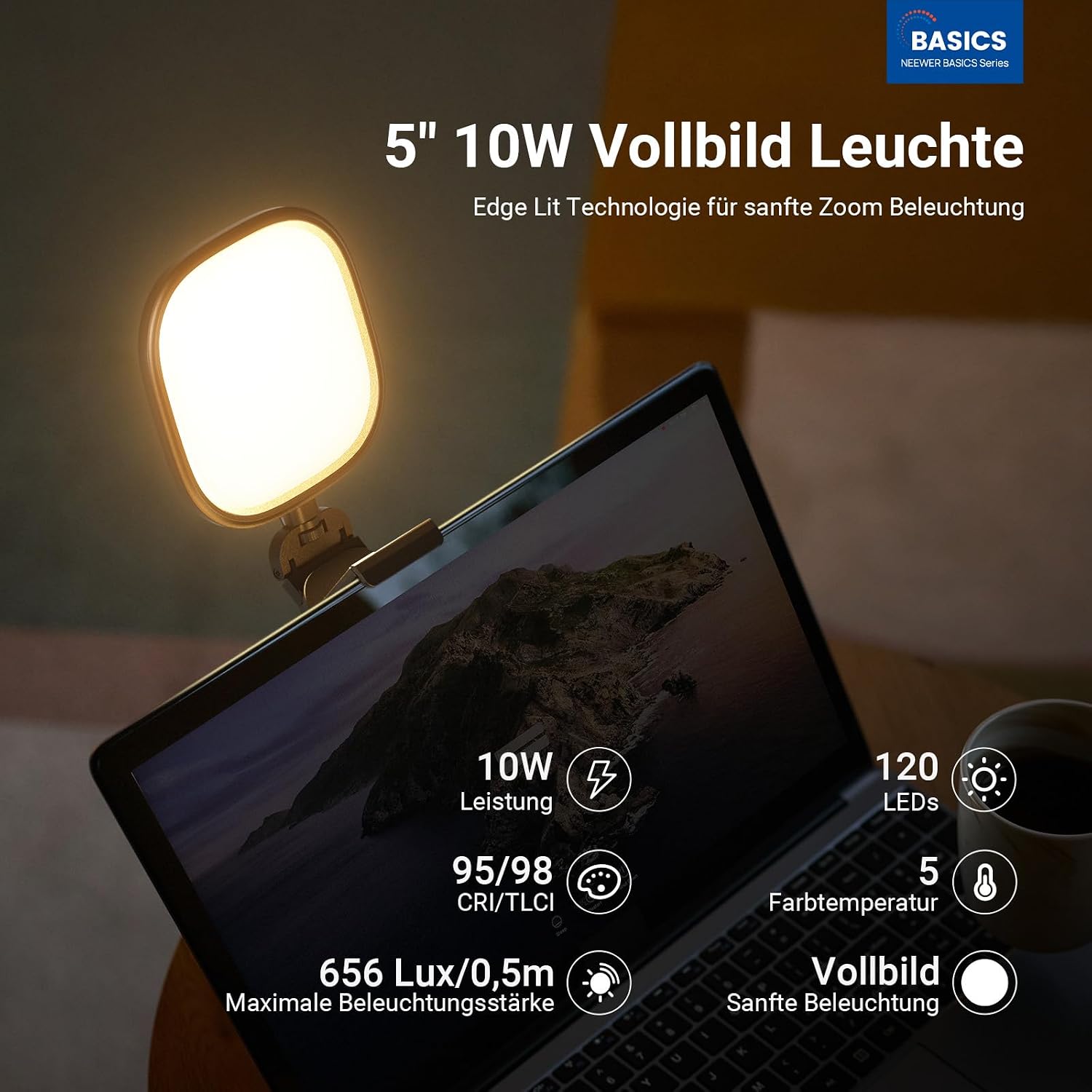 Detalle de NEEWER Basics NL10: 5-Zoll Monitorleuchte mit Ständer – kompakte Beleuchtung für Videokonferenzen