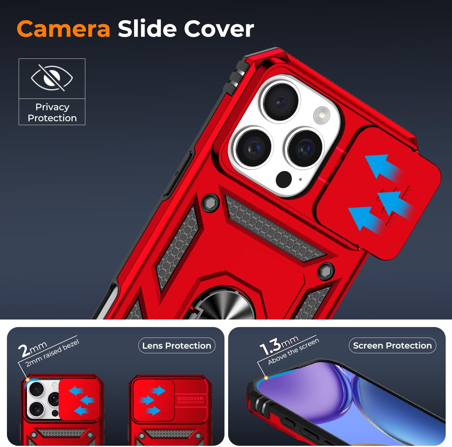 Detalle de HakkTaoo iPhone 16 Pro Max Case, Red, with Camera Cover and Ring Stand