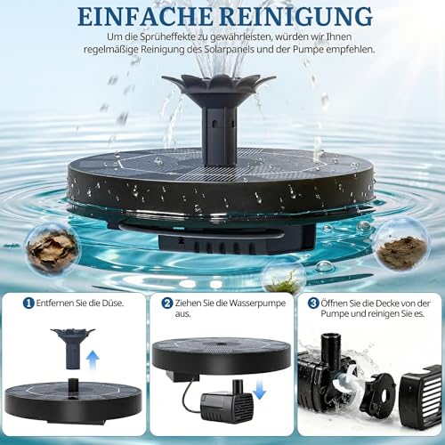 Detalle de HOAMZ Solarbrunnen für Außen 3.0W | 160 mm, 4-in-1 Düse, schwimmende Pumpe für Garten, Teich, Vogelbad