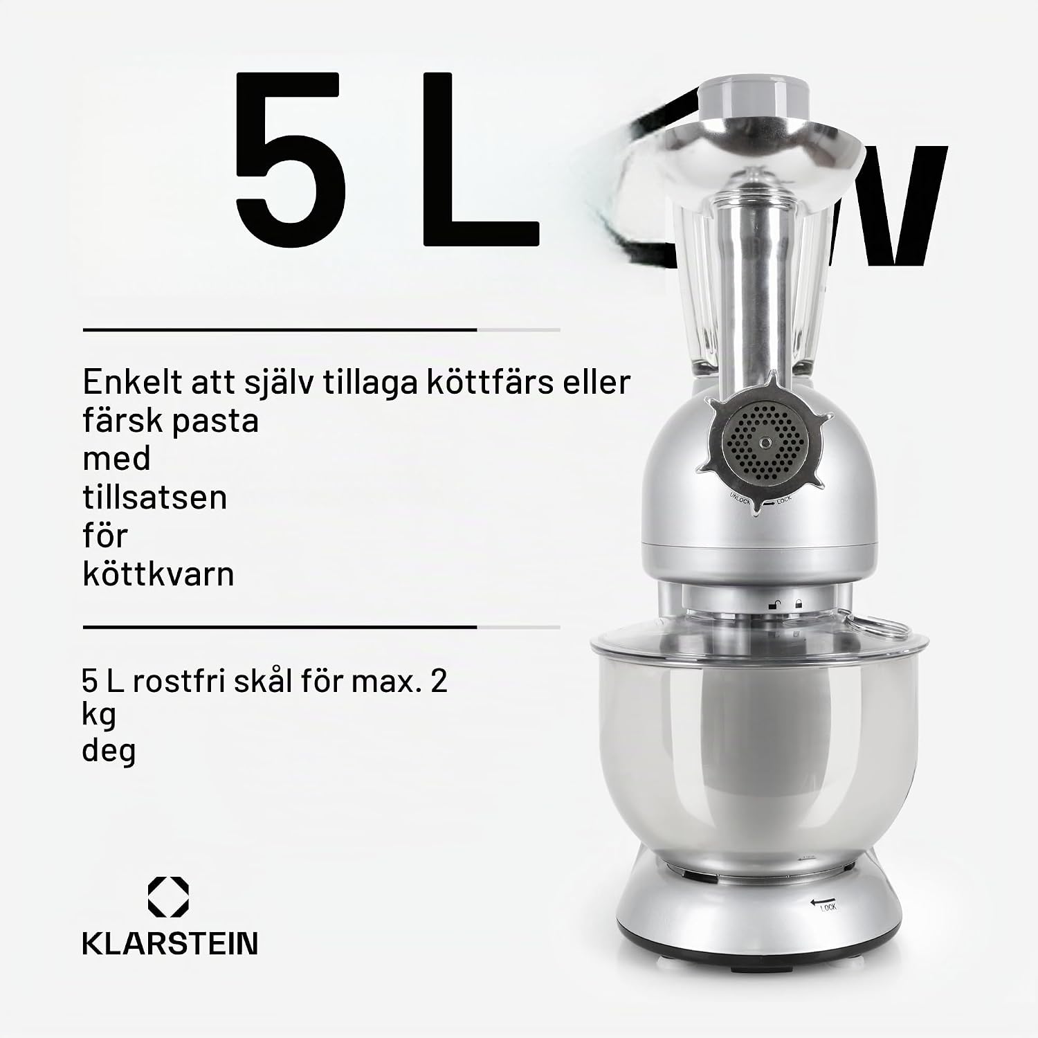 Detalle 2 de Klarstein Lucia Argentea matberedare, 1800 W, 5 l, köttkvarn och mixer