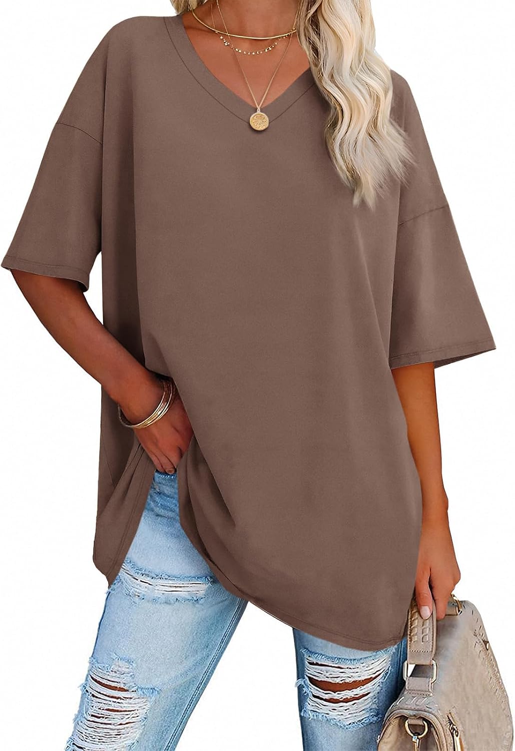 Thumbnail 2 de Ebifin T-Shirt Oversize Femme à Col V – Rouge, XXL