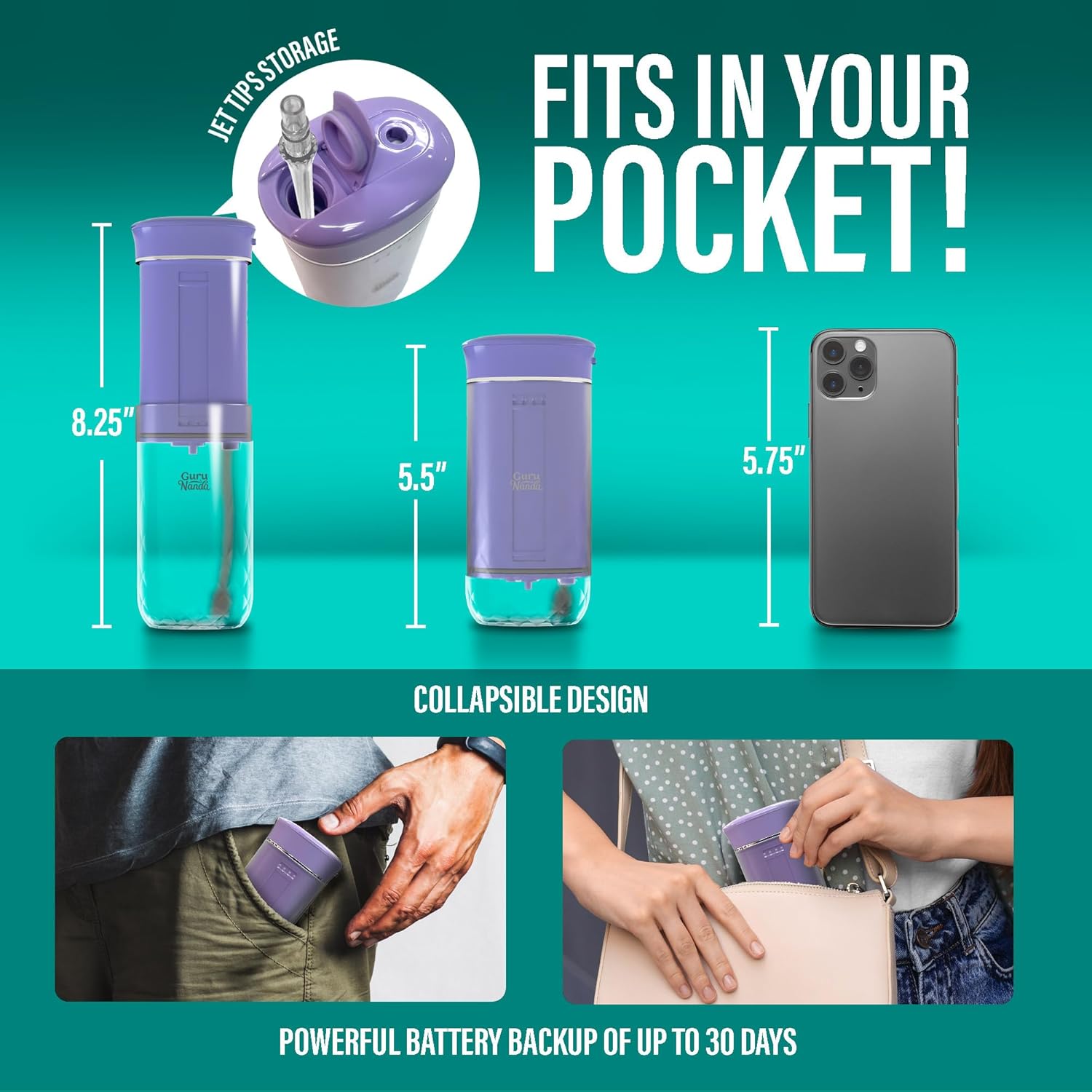 Detalle de GuruNanda Compact Water Dental Flosser: Portable Travel-Ready Oral Irrigator (Lavender)
