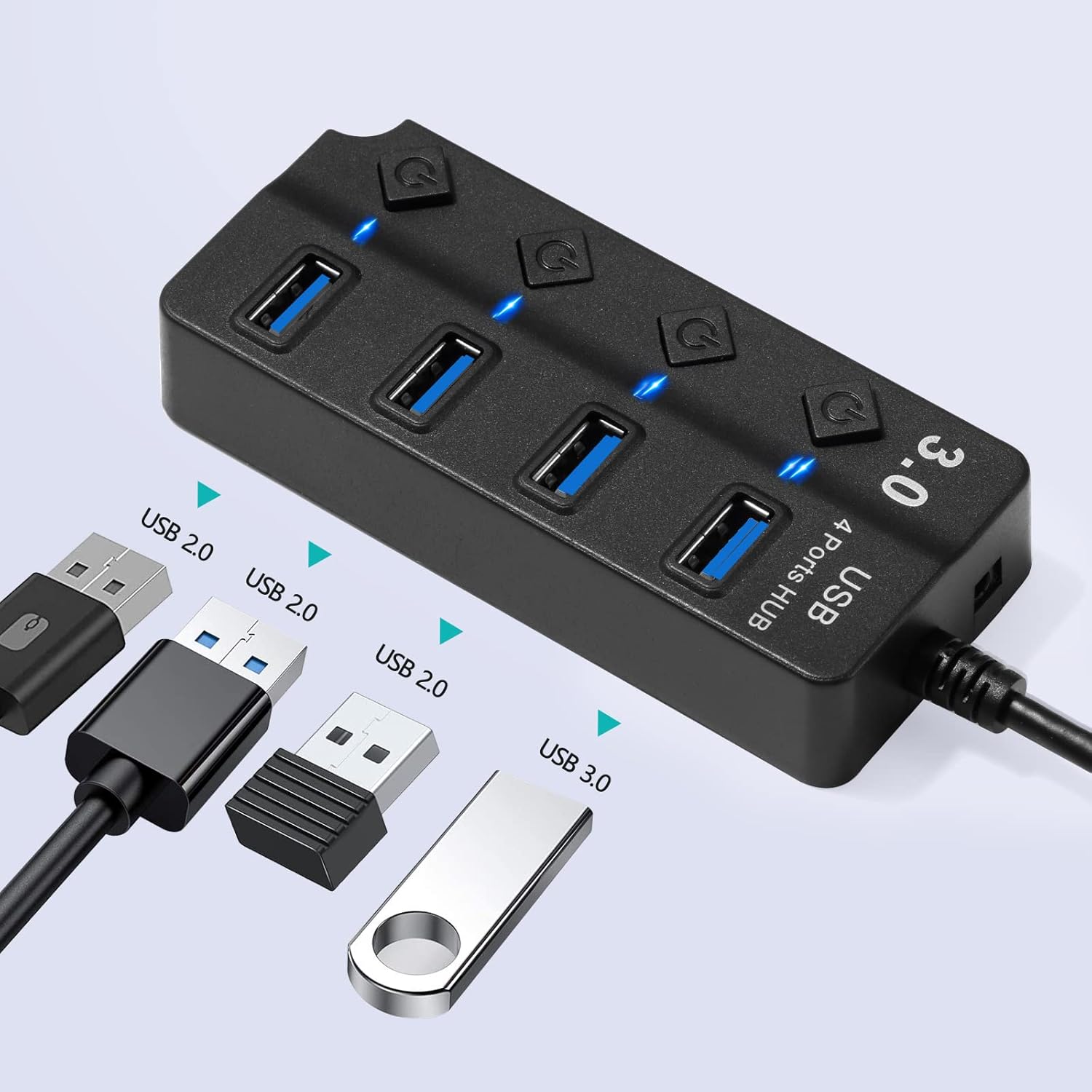 Thumbnail 4 de Hoppac USB Hub 4 in1: Hub USB con interruttore separato e LED, 1 porta USB 3.0 + 3 USB 2.0