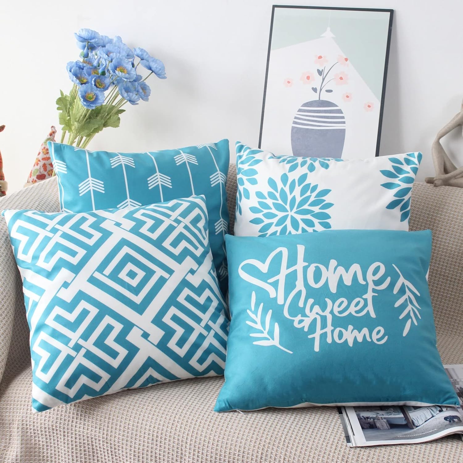 Thumbnail 4 de NIULAA Weiche Kissenbezüge 45x45 cm Türkis im 4er-Set (Veloursoptik, verdeckter Reißverschluss)