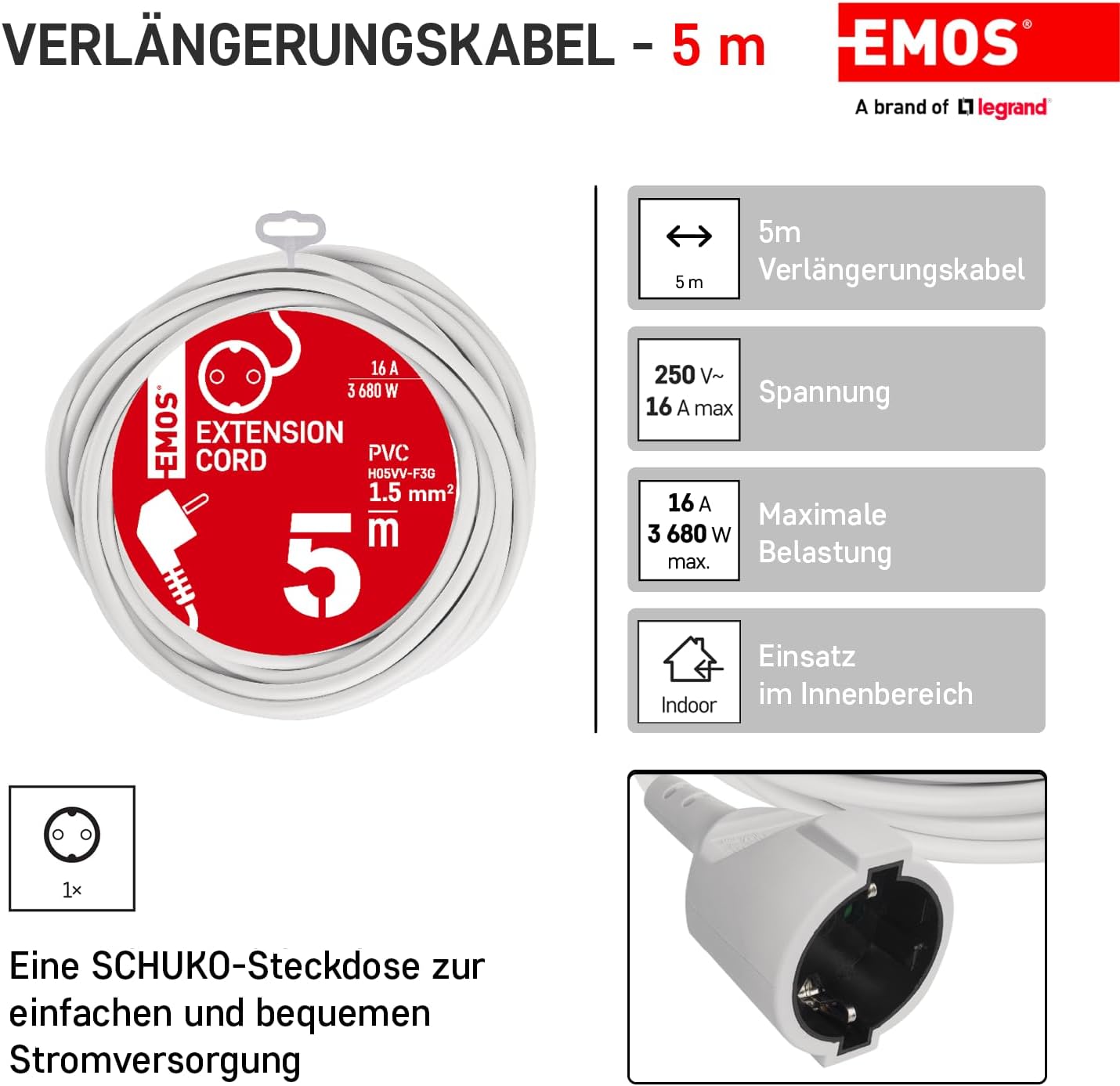 Detalle de EMOS IP20 Verlängerungskabel 5 m – 1 Schuko-Steckdose, 250 V, 16 A, 3680 W, Innenbereich