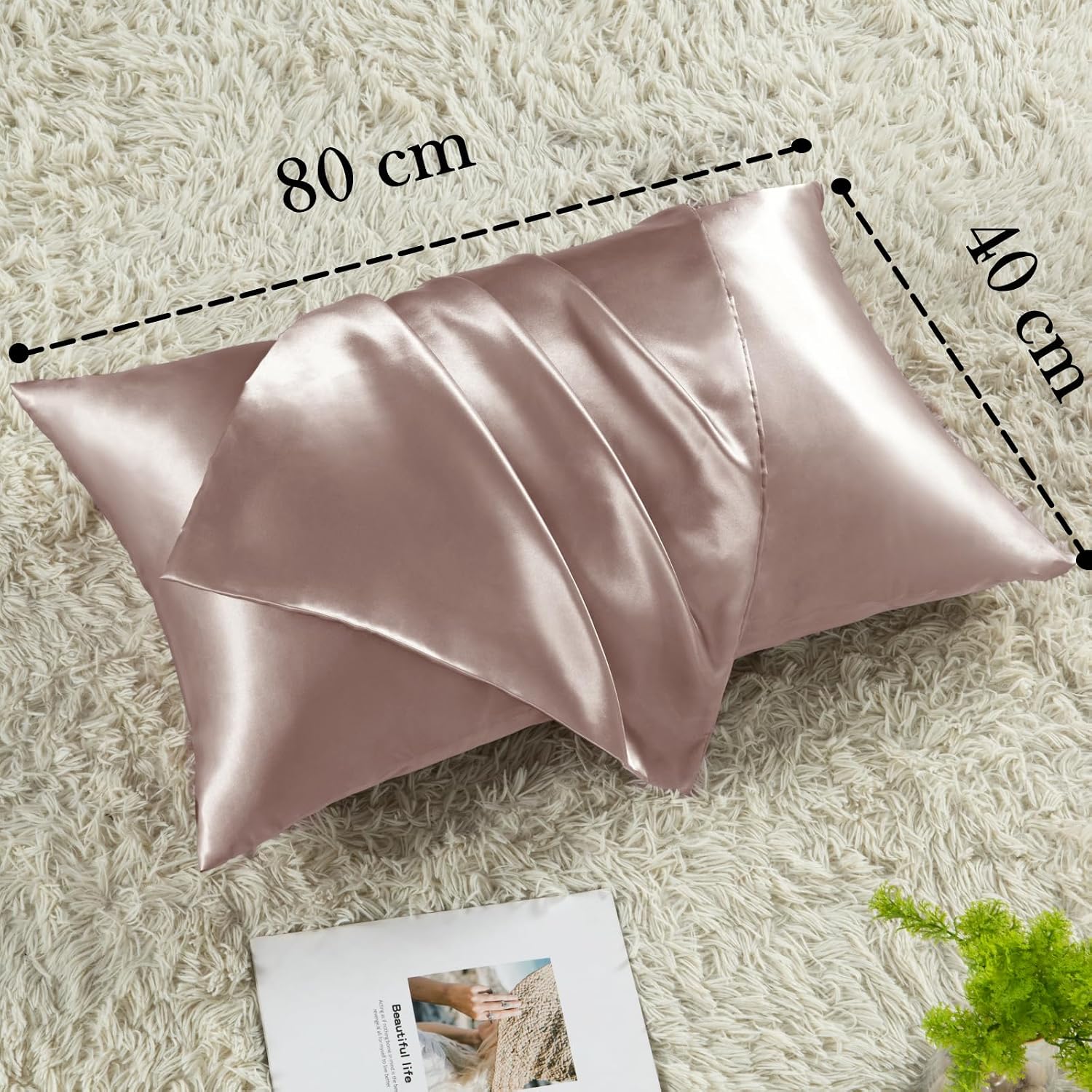 Detalle de Vielit Satin Kissenbezug 40 x 80 Braun – 2er Set, weiches Seiden-Feeling, Haar- und Hautschutz inkl. Haargummis