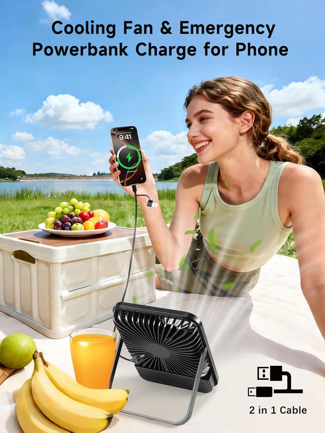 Detalle 2 de Bistfy 10000mAh Camping Ventilator – Ultradünn, 2-in-1 Tischventilator mit Lampe und Akku, 28 Std. Laufzeit