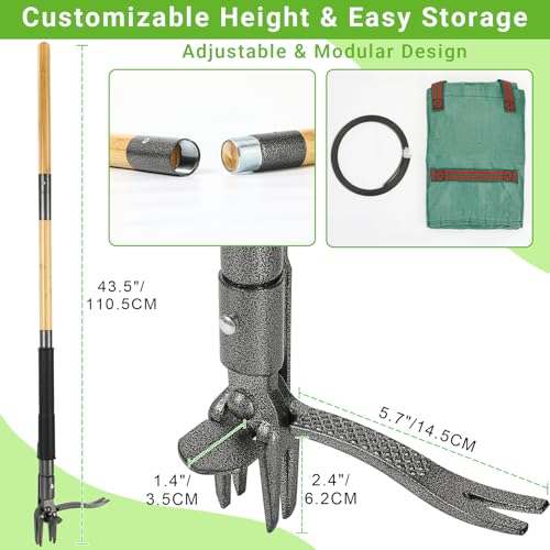 Detalle de Bamda Weed Puller Root Remover Tool (110.5cm) – Durable Bamboo Handle, 4-Claw Steel Head