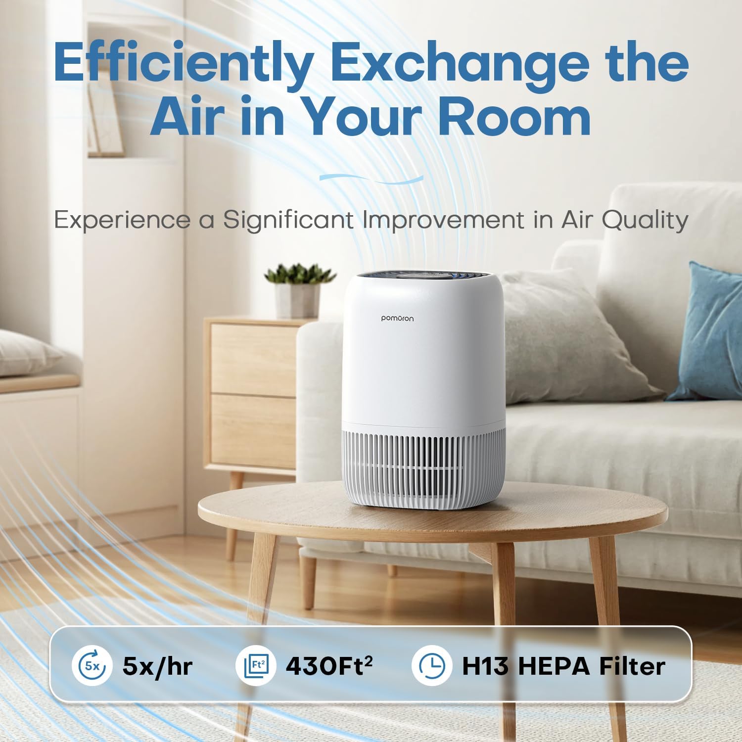 Detalle de POMORON MJ012H Air Purifier, H13 HEPA Filter, 20 dB Sleep Mode, White