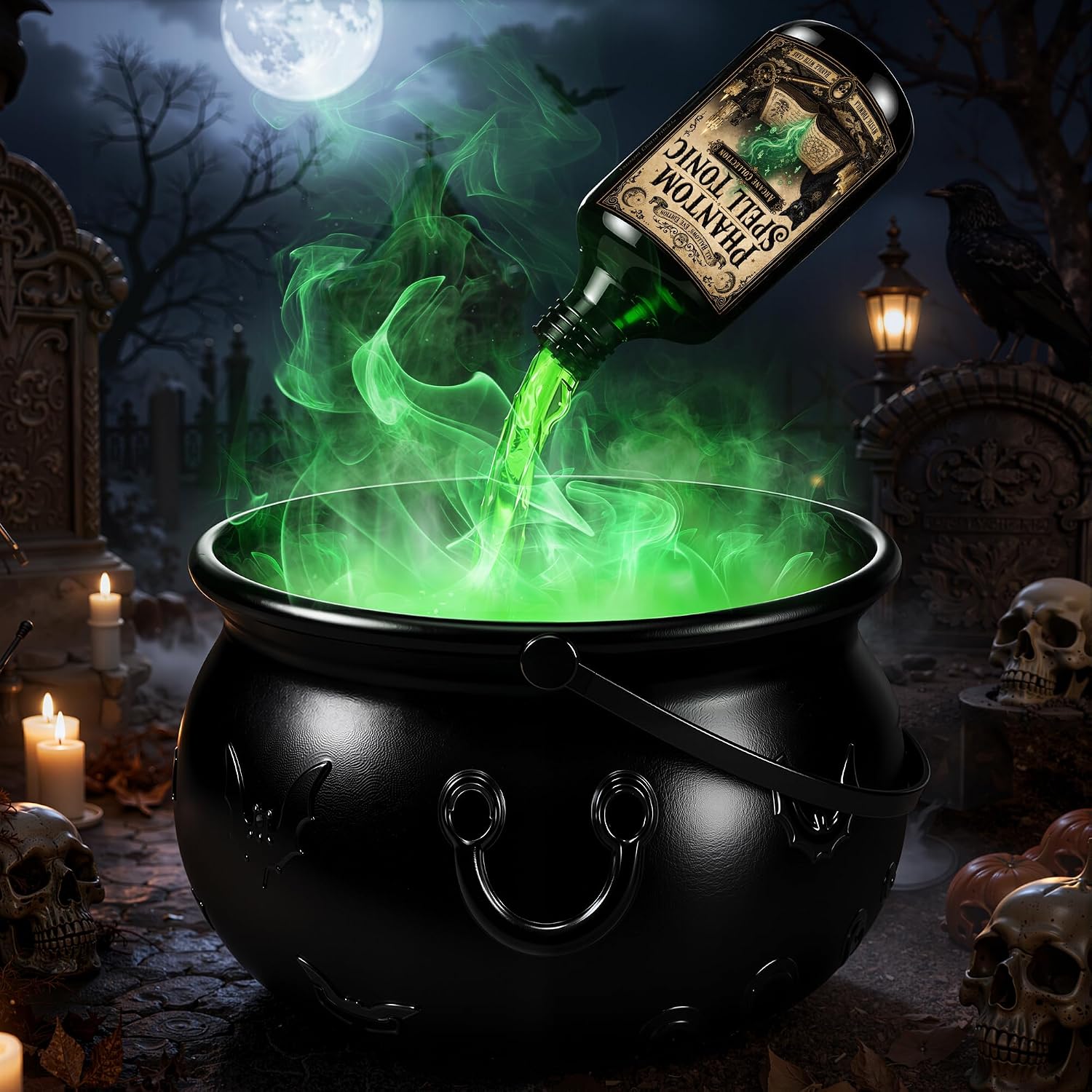 Detalle de ShadowRealmTech 0018 Halloween-heksenketel met USB-vernevelaar en groen licht