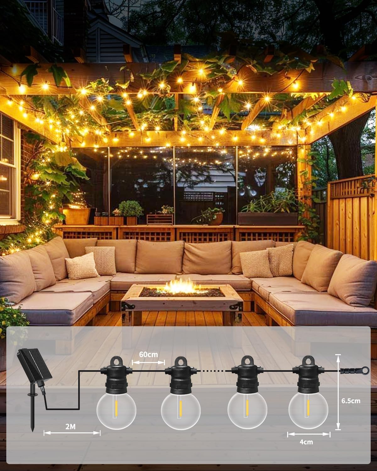 Thumbnail 4 de Bowfar Solar-Lichterkette außen 6 m mit 10+1 G40, 8 Modi & Fernbedienung, IP68