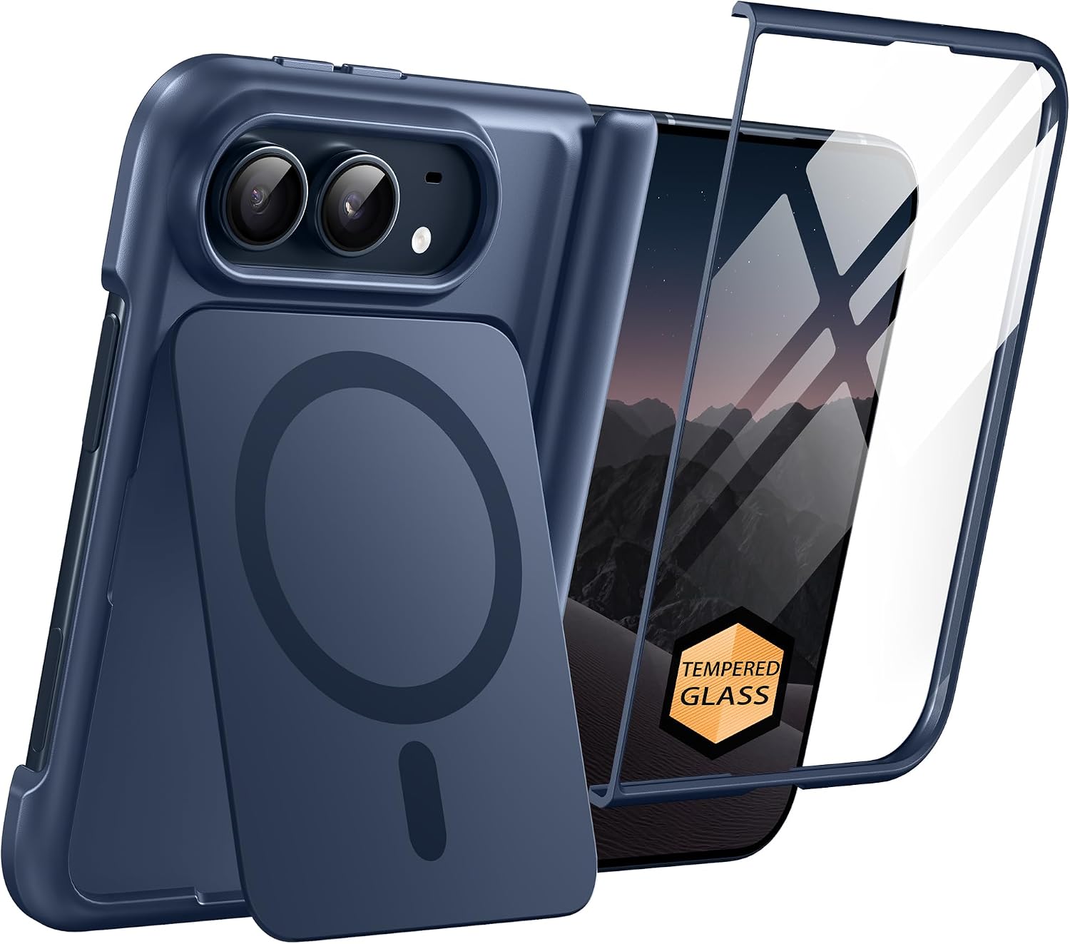 Detalle de BERFY iPhone Duo Case with MagSafe, Blue, Built-In Stand & Screen Protector