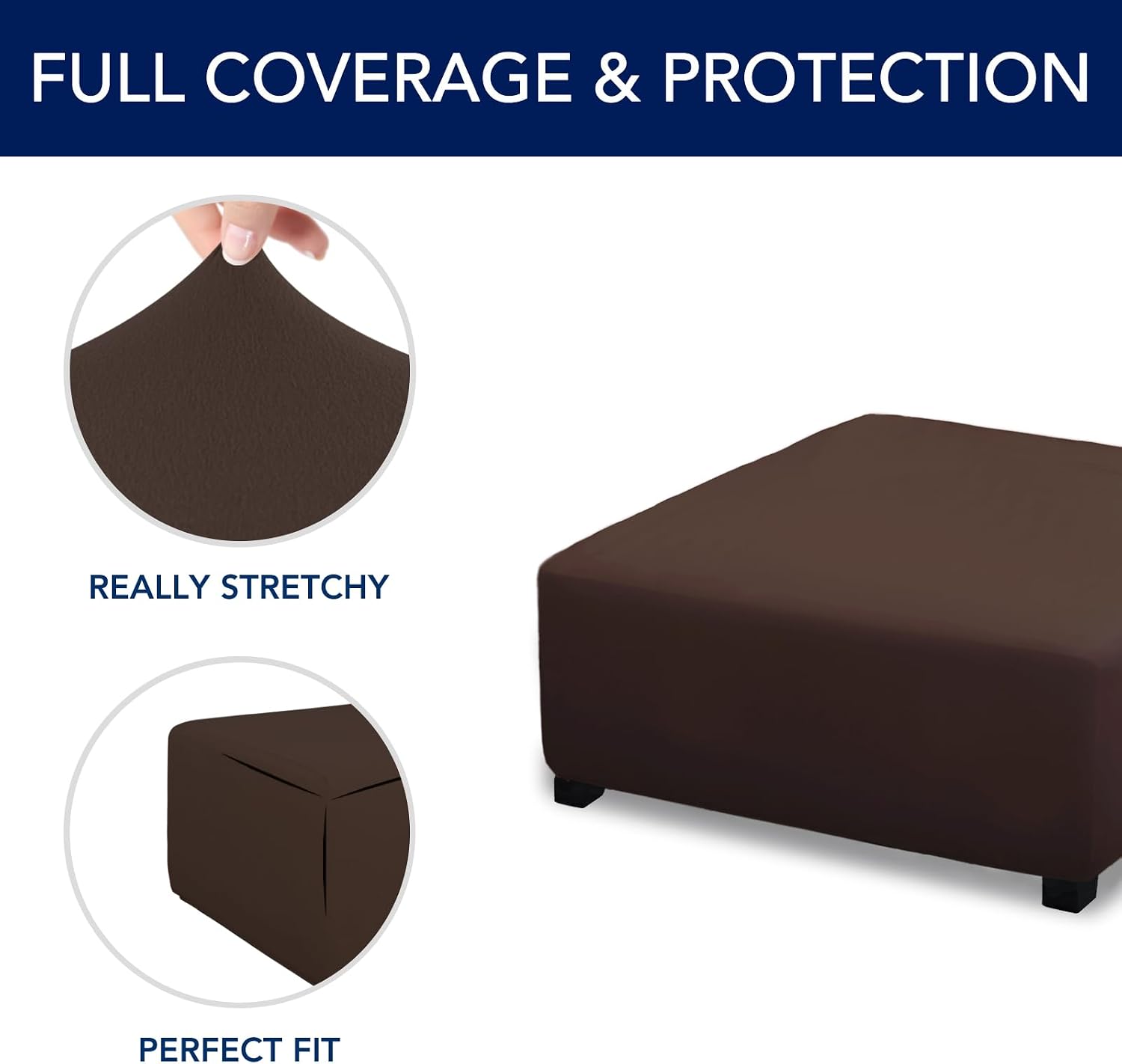 Detalle de PureFit Stretch Square Ottoman Cover, 40x40x15, Chocolate Polyester-Spandex