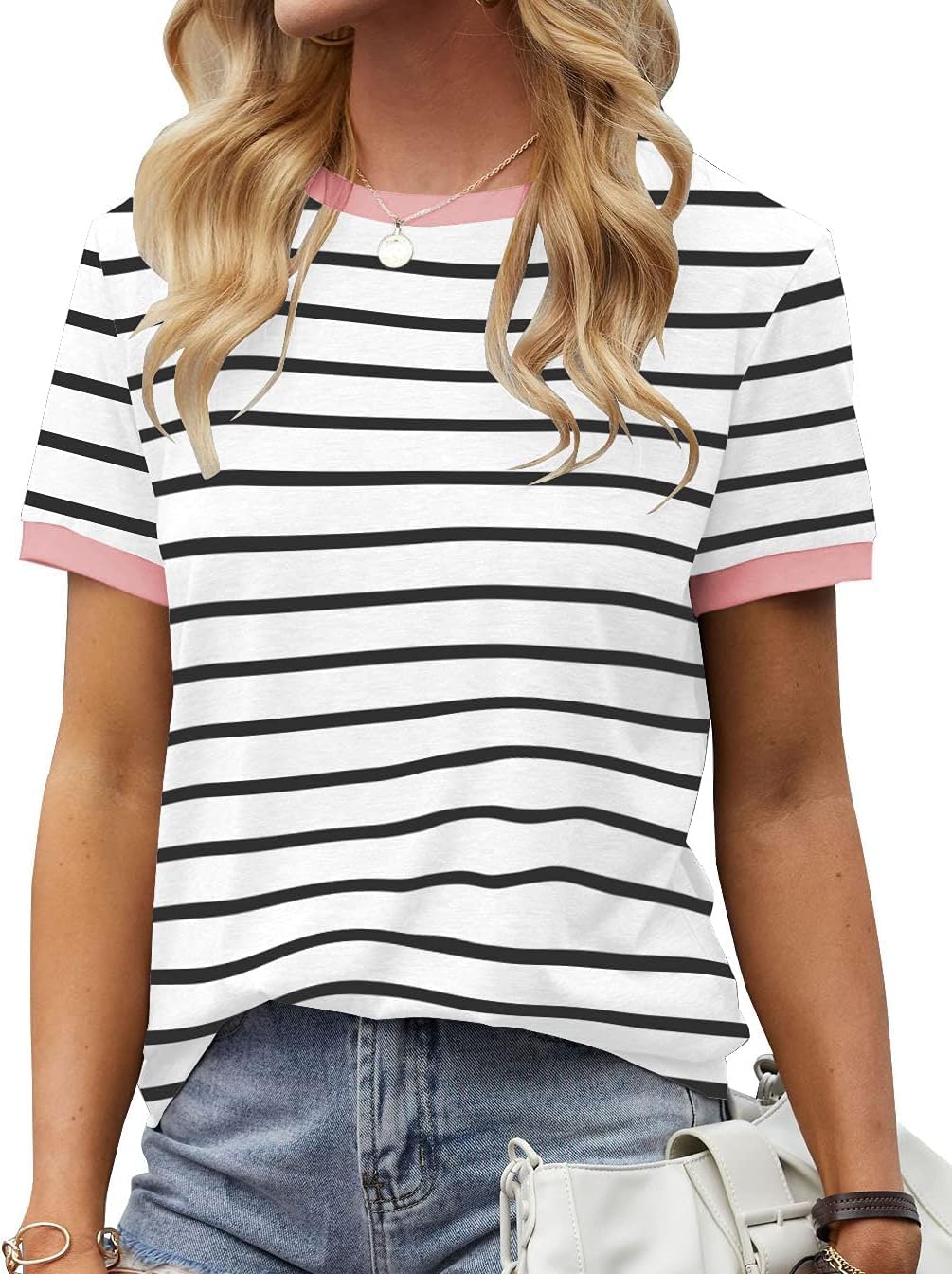 Detalle de Fisoew Damen Streifen T-Shirt mit Rundhalsausschnitt und Kurzarm (Basic Stripe Tee)