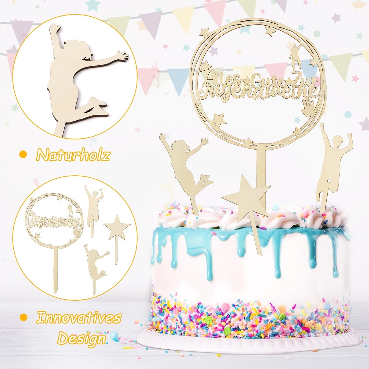 Thumbnail 3 de JUNEBRUSHS Jugendweihe Tortendeko aus Holz (4-teilig) – Cake Topper & Stern als Kuchenstecker