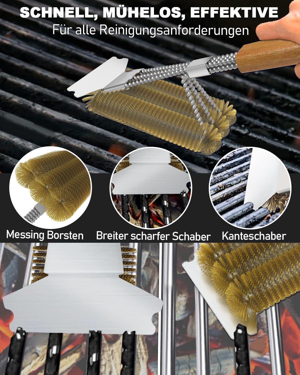 Thumbnail 2 de Grillbürste Messing mit Holzgriff – Extra lange 39 cm, robuste Messingborsten & Schabmesser