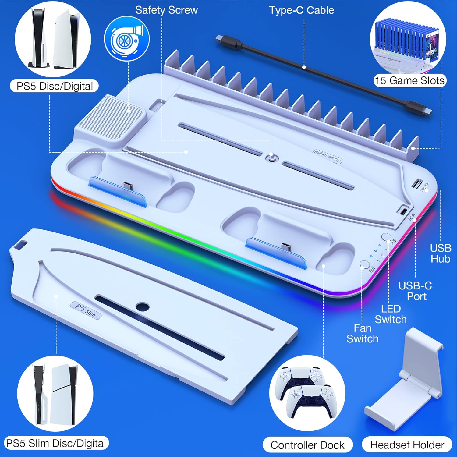 Detalle de PS5 Cooling Station with Dual Controller Charger and RGB — a practical all-in-one accessory