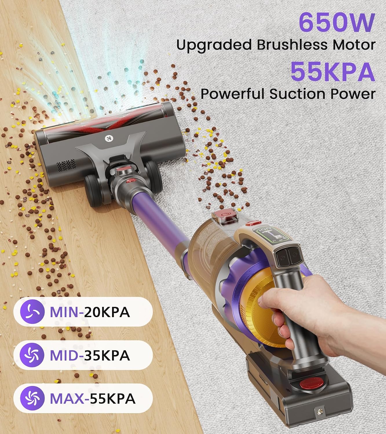 Detalle de NADALY A13 Cordless Stick Vacuum, 55KPa Suction, 650W Motor, 1.8L