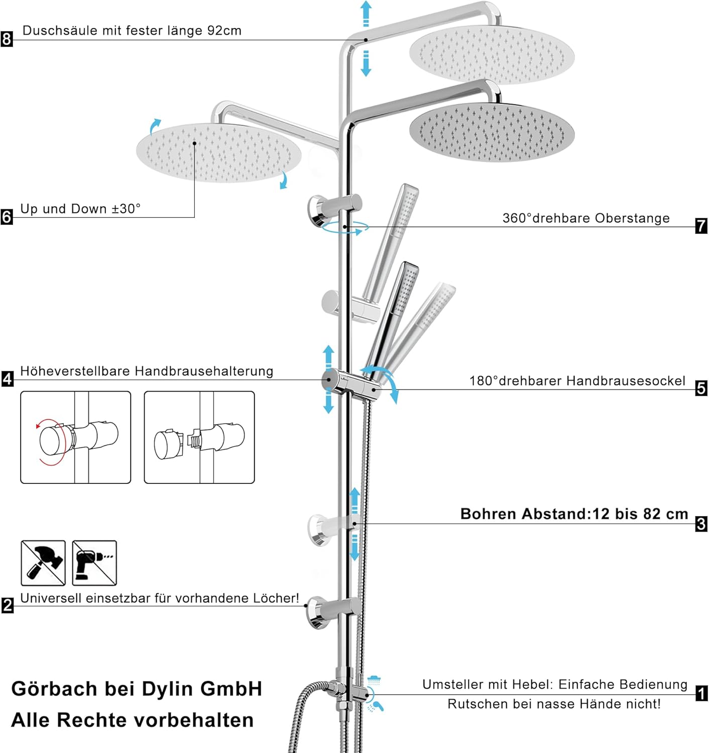 Thumbnail 4 de Colonna doccia Görbach in acciaio inox – senza miscelatore, asta 92 cm, soffione pioggia 20 cm