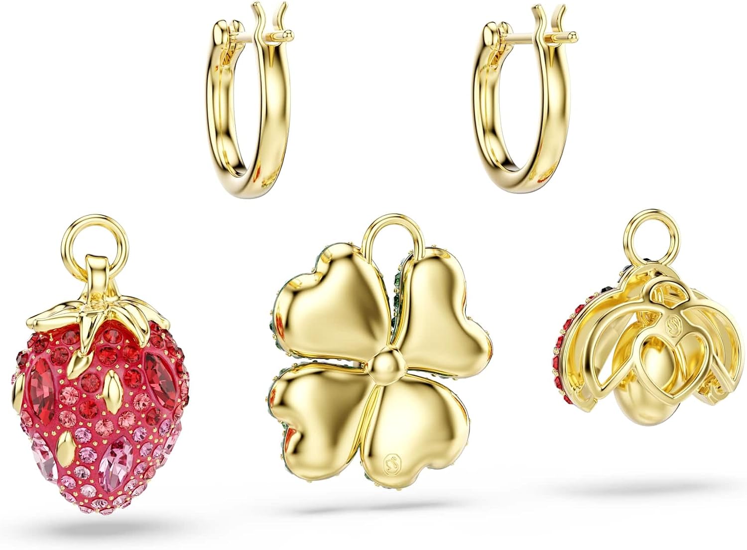 Detalle de Swarovski Orecchini pendenti Idyllia Set (3) – Coccinella, Quadrifoglio e Fragola, placcato oro