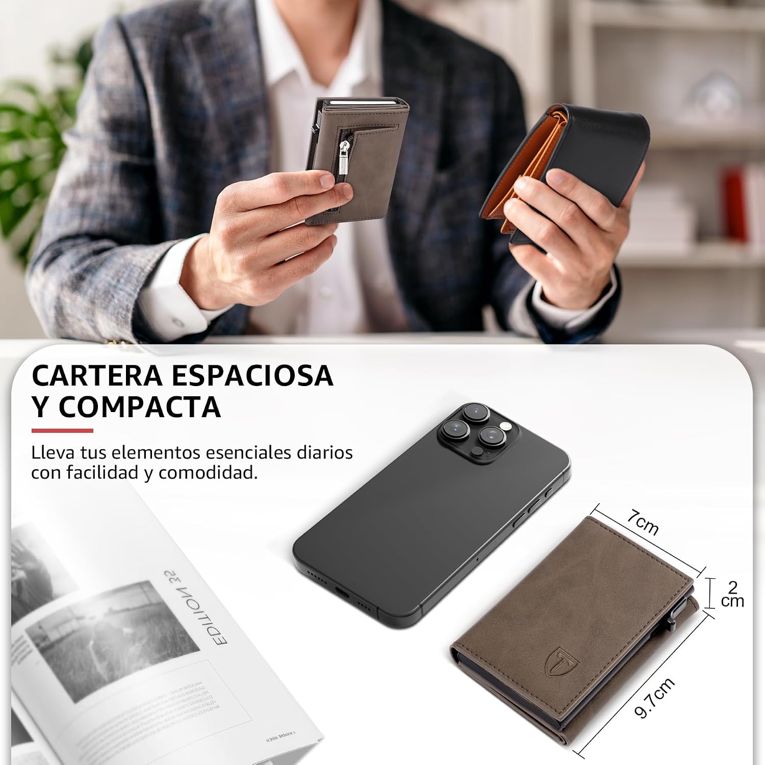 Detalle de Tomylv Cartera Hombre Slim con Bloqueo RFID y Cierre Magnético – Marrón