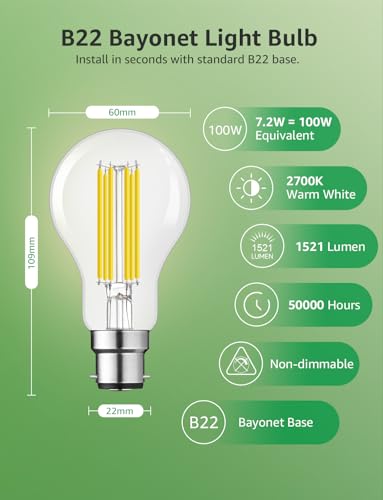 Thumbnail 3 de Lepro 1520lm Bayonet Light Bulb A-Rated, 7.2W, Warm White – Pack of 2
