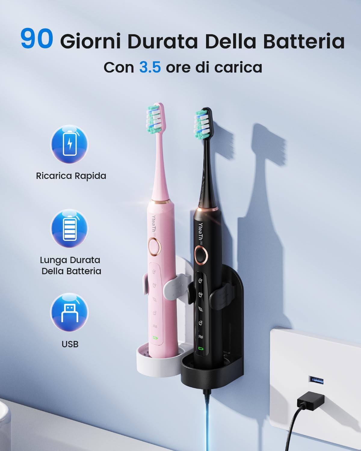 Thumbnail 3 de Spazzolino Elettrico Sonico per Adulti – Set da 2, 10 Testine, 2 Custodie, 5 Modalità, IPX7, Ricaricabile