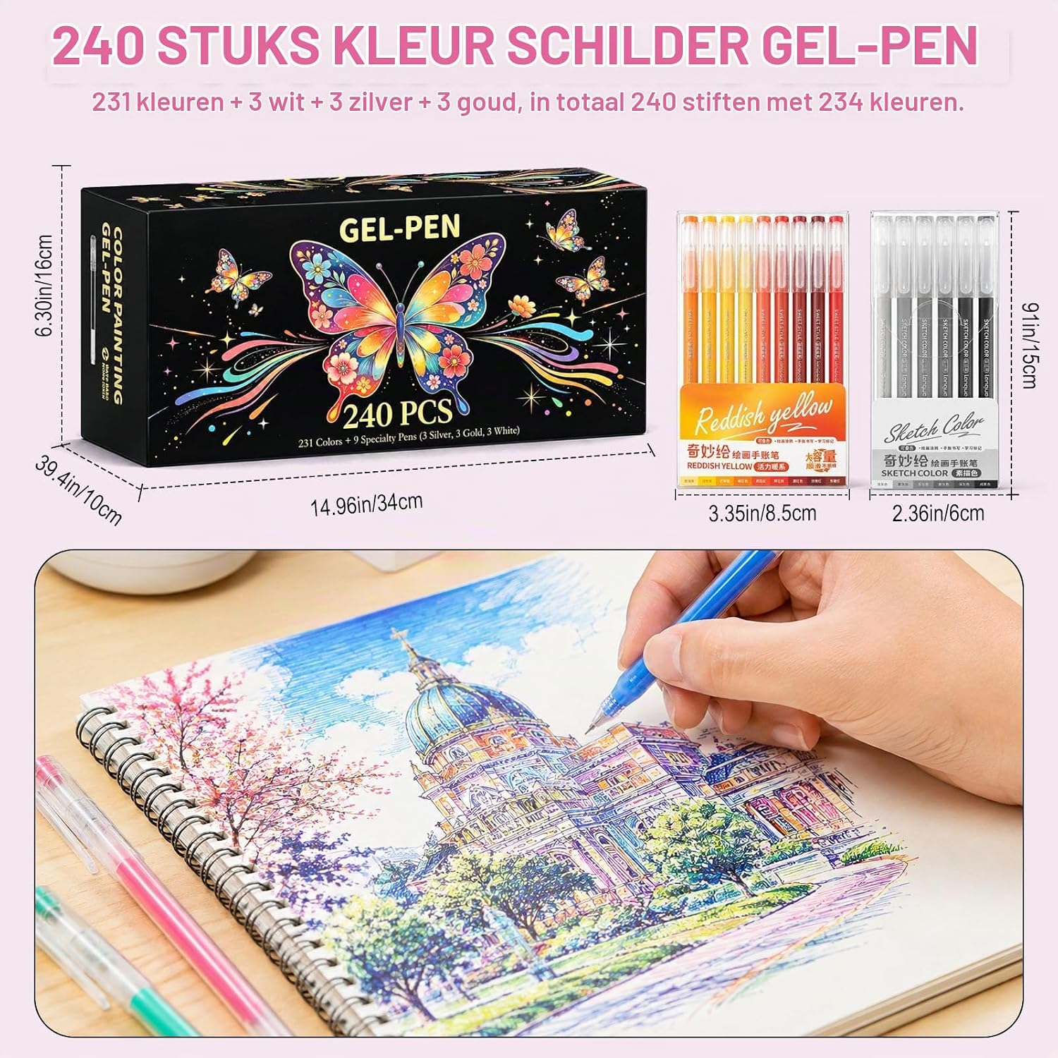 Detalle 2 de Caloryx ASI-GEL-240pcs gelpennen, 240 stuks met 231 kleuren en fijne punt