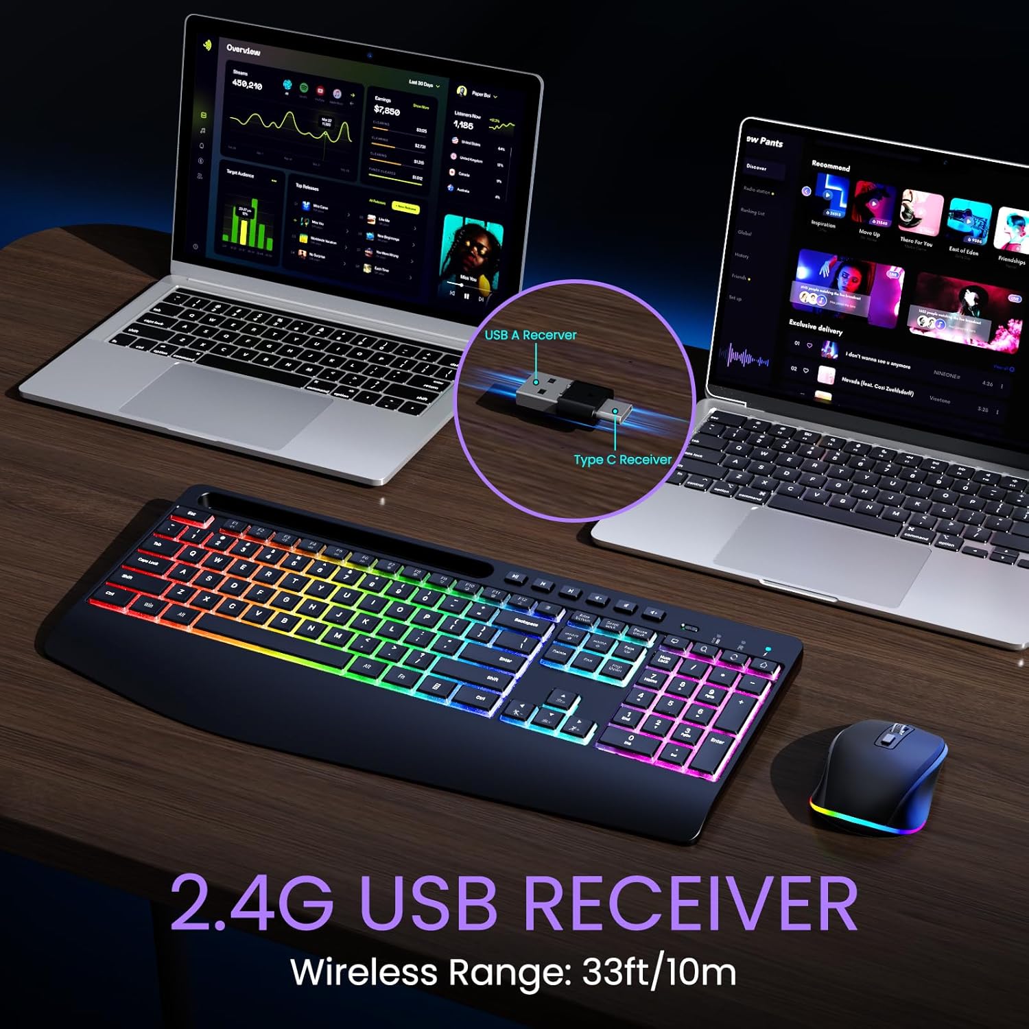 Detalle 2 de VEILZOR 2.4G Wireless Keyboard and Mouse Combo with Phone Holder, Rechargeable + RGB Wrist Rest