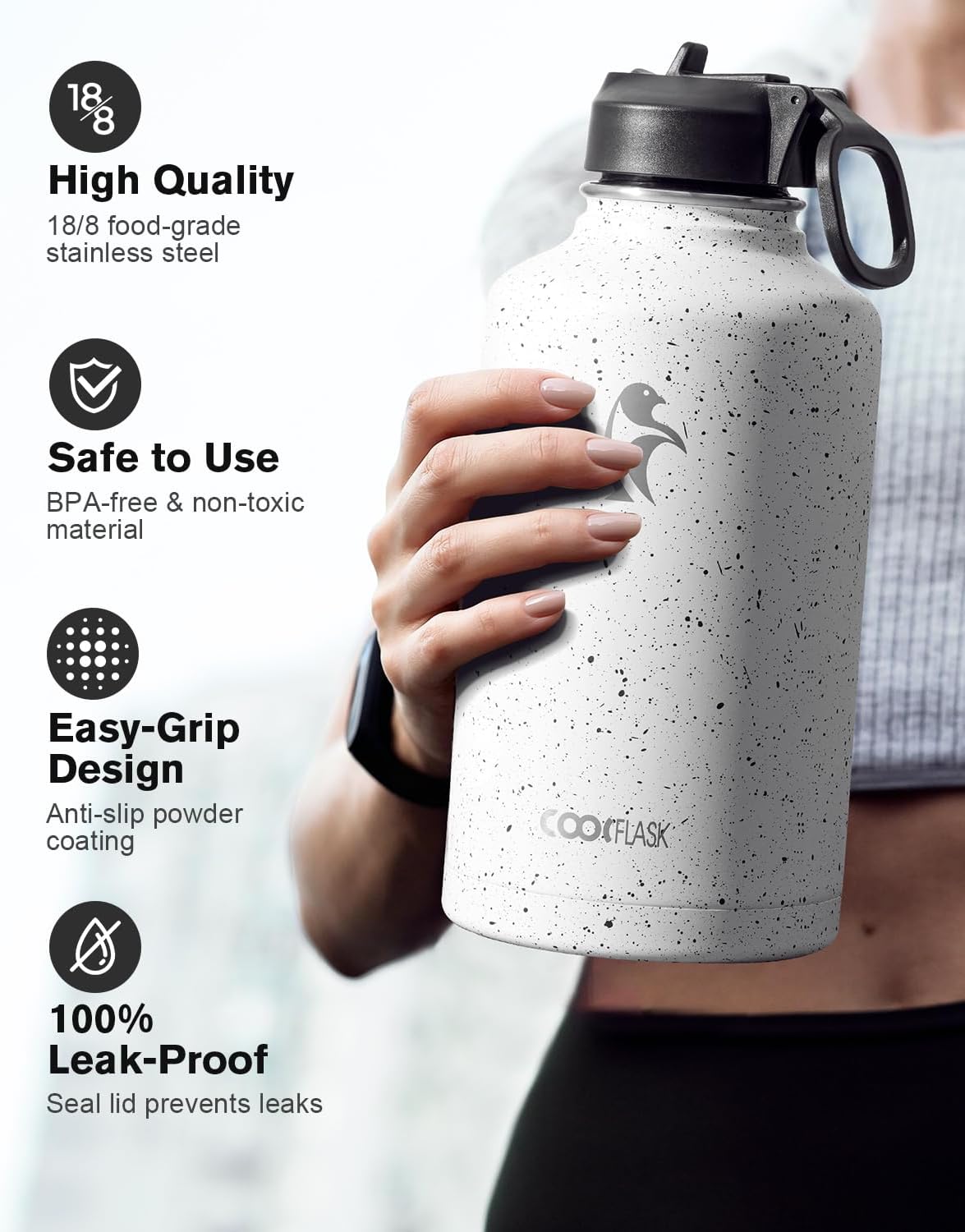 Detalle de Coolflask Long-lasting Insulated Water Bottle, 64 oz Stainless Steel Jug with 3 Lids