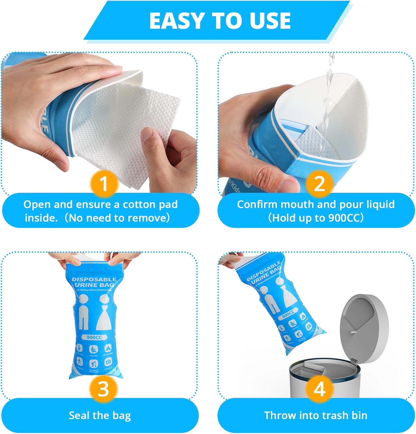 Detalle 2 de HOKINETY Urinebag Disposable Urine Bags, 900 mL Absorbent Travel Design