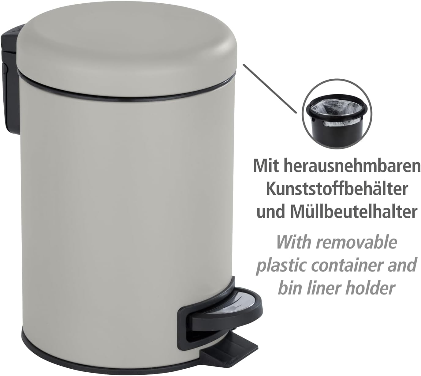 Thumbnail 1 de WENKO Treteimer Mod. Leman, 3 Liter, Taupe Matt – mit herausnehmbarem Einsatz