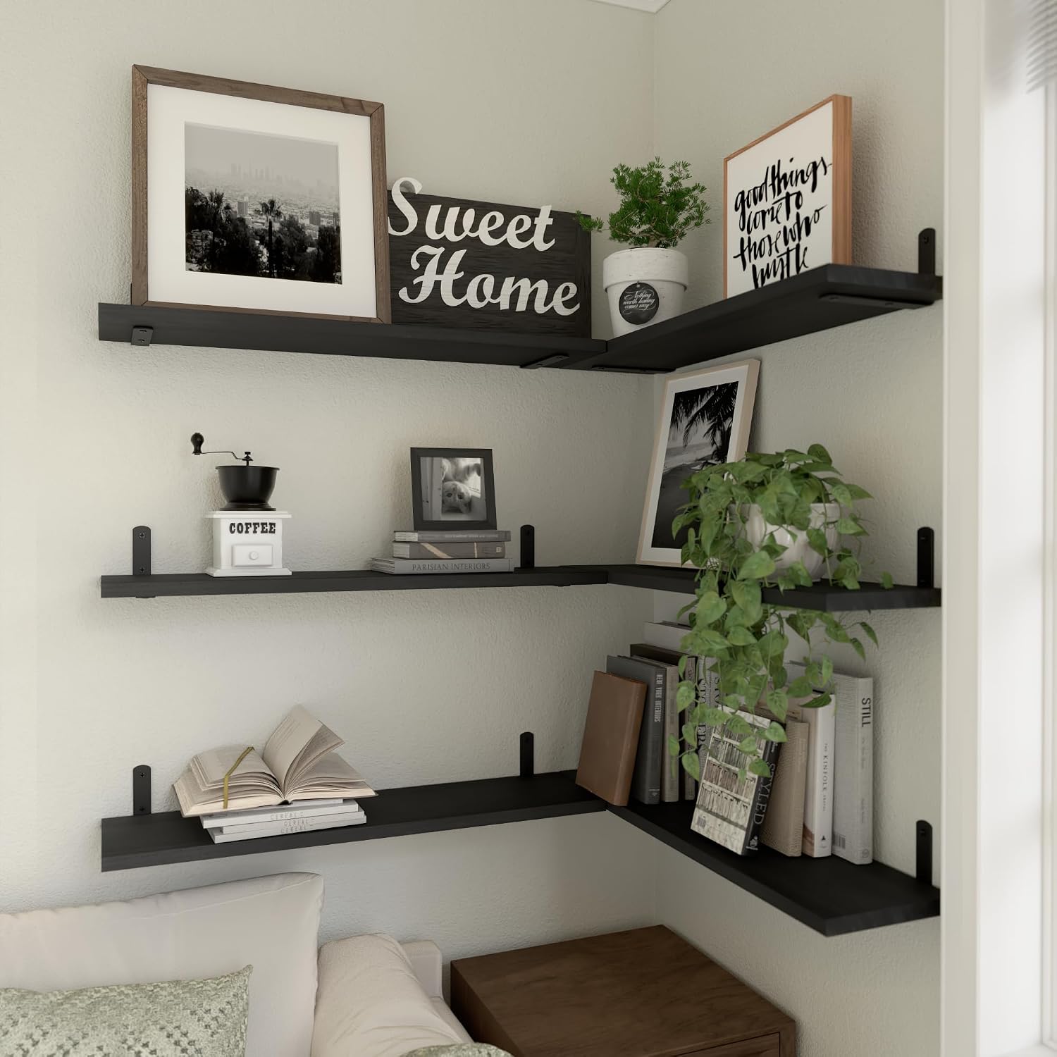 Thumbnail 4 de WOPITUES HM011B Floating Shelves, Set of 6, Black Paulownia Wood