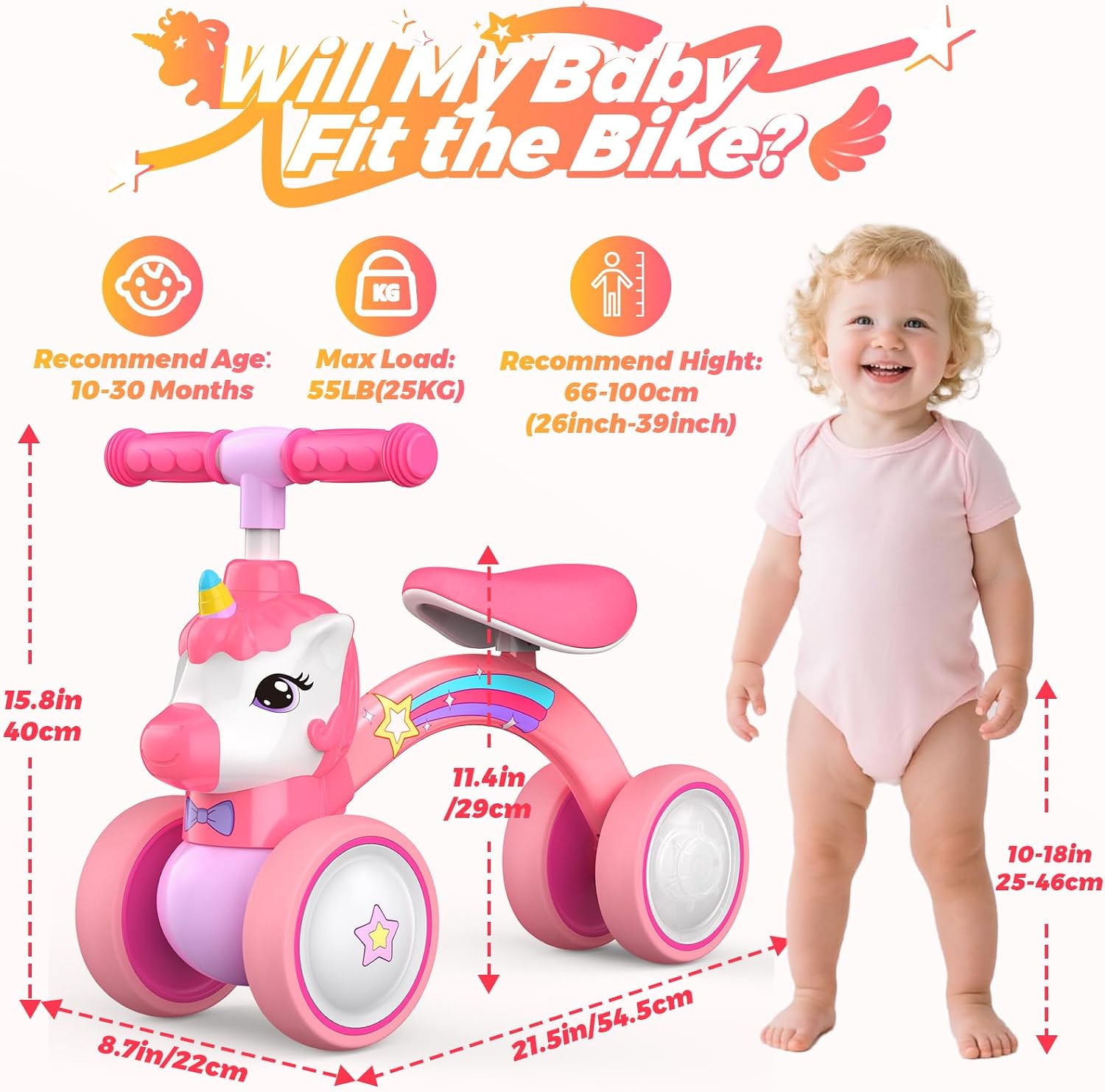 Detalle de Dromlag Unicorn Balance Bike 1–2 Years: 2 Wheels, Lighting Ride-On for Toddlers