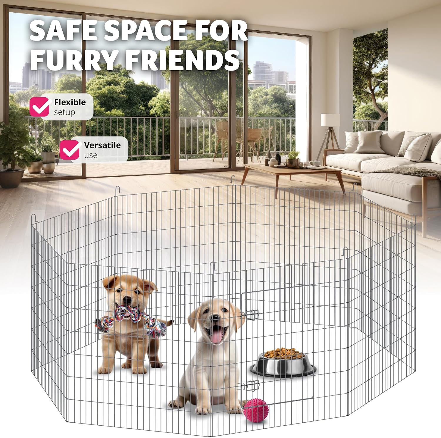 Detalle de tectake Fluffy hundhage med 8 galler, skyddsnät och dubbellåsning
