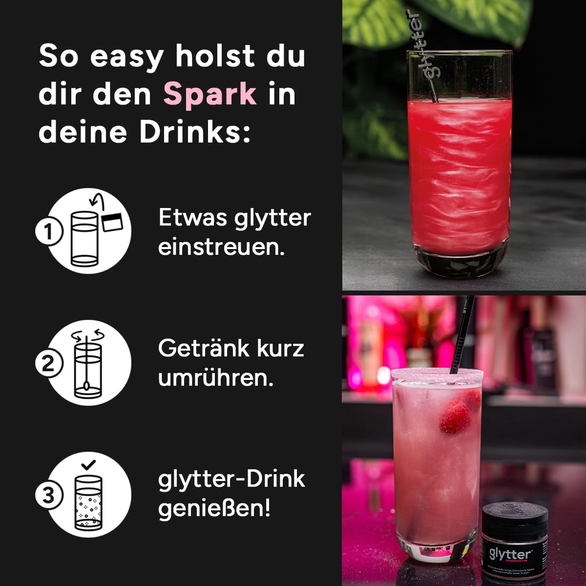 Detalle 1 de Glytter Glitzerpulver für Getränke in Pink – essbares Glitzerpuder für Drinks & Flüssigkeiten