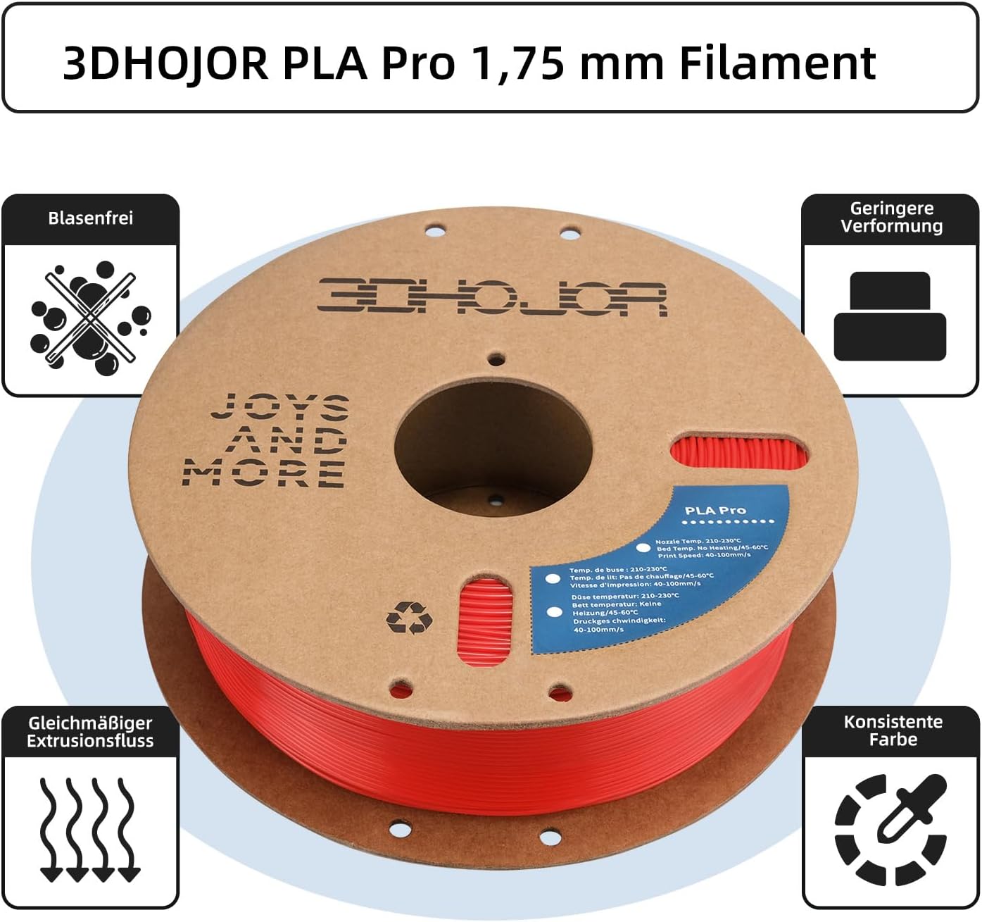 Detalle 2 de 3DHoJor PLA+ Filament 1,75 mm (PLA Plus) für FDM-Drucker – rot, 1 kg, Maßgenauigkeit ±0,02 mm
