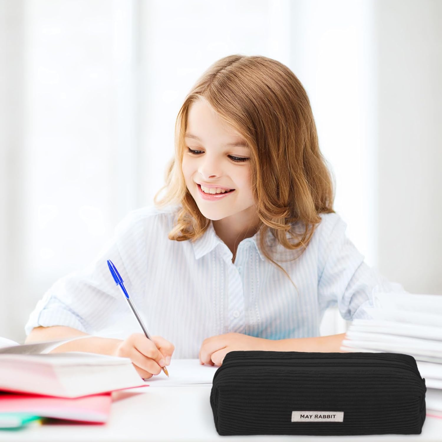 Thumbnail 6 de huoflame Federmäppchen aus Cord – großes Retro-Mäppchen mit Reißverschluss (Rosa/Schwarz)