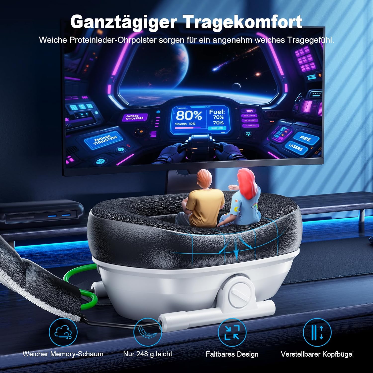 Detalle de Fachixy Wireless Gaming Headset – 2,4 GHz/Blauzahn 5.4, 60 Stunden Akku, Noise-Cancelling Mikrofon, RGB Beleuchtung