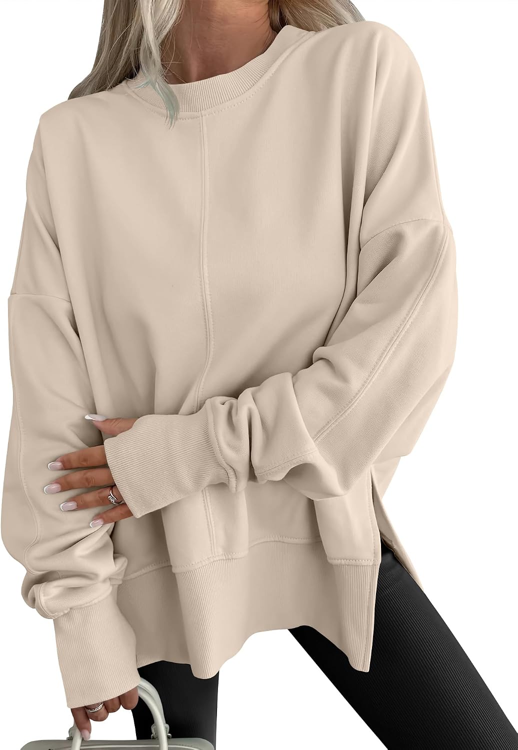 Detalle de ANRABESS Oversized Fleece-Lined Sweatshirt with Thumbhole and Side Slits